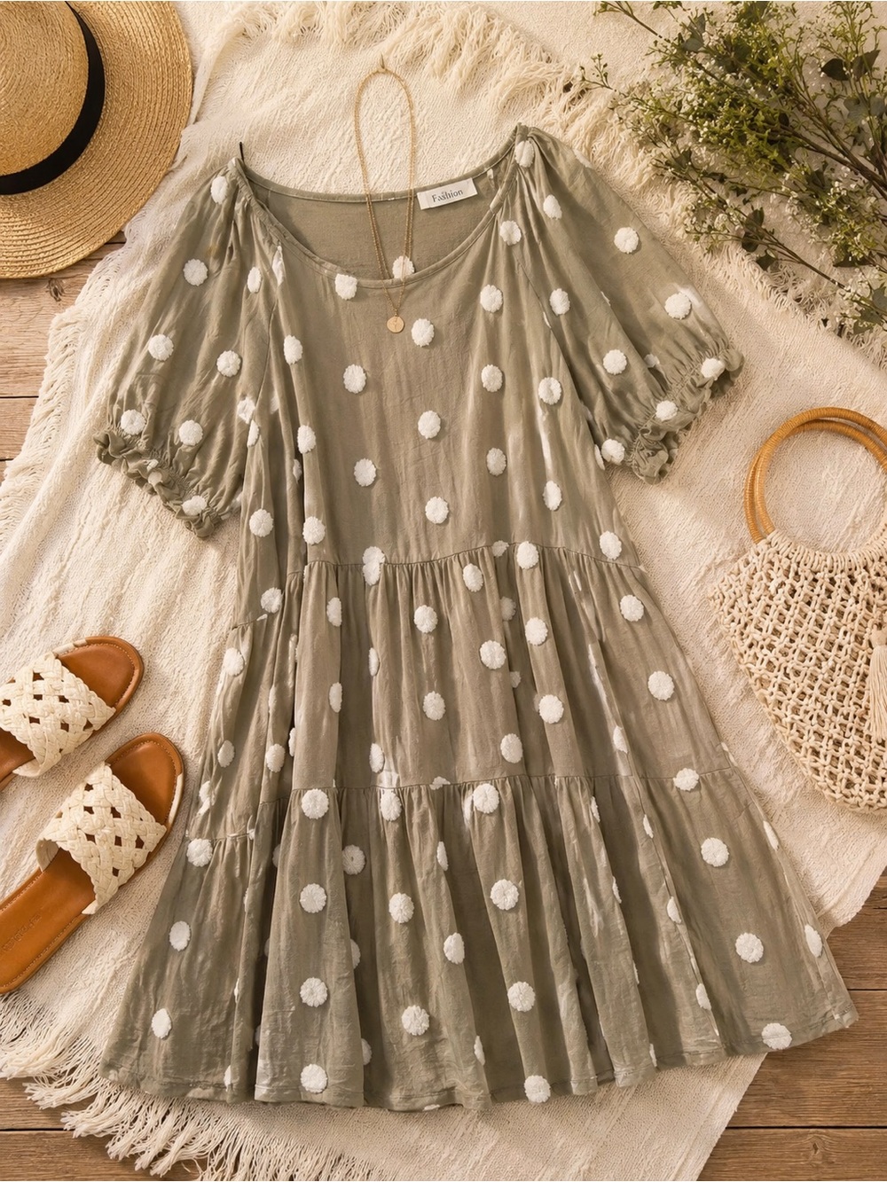 Böhme Pom Pom Tiered Dress – Size Large – Sage Green Rayon Boho Dress